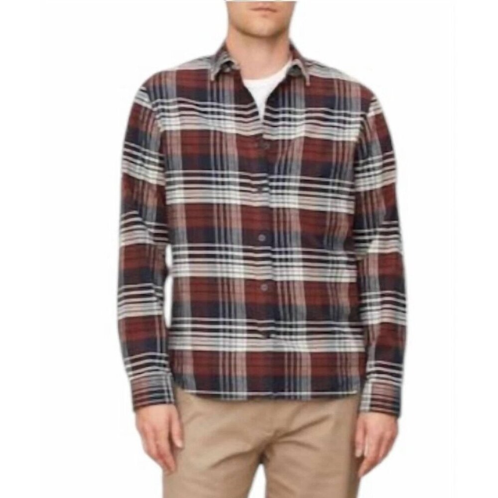 Vince Mens Small Cedarwood Plaid Cotton Flannel Button Up Shirt NEW